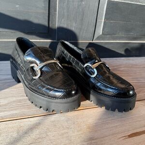 Black Steve Madden Crocodile Embossed Leather Platform Loafers